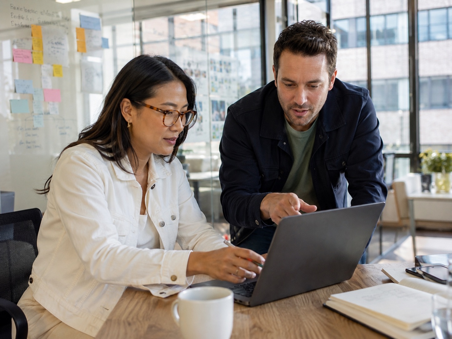 Two colleagues working through a proposal on a laptop